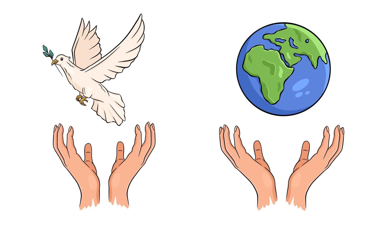 Hands support the planet earth and a flying dove. World peace concept. vector