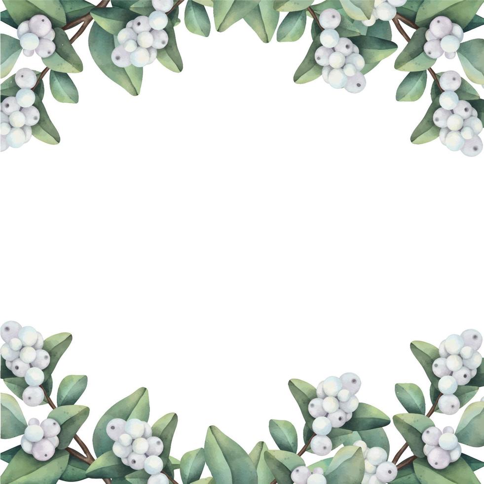 Hand drawn frame of watercolor snowberry branches. Watercolor illustration frame of snowberry and leaves. vector