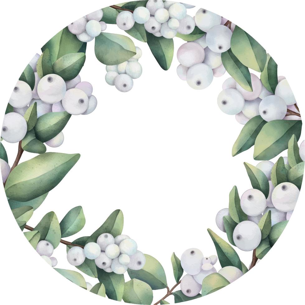 Hand drawn round frame of watercolor snowberry branches. Watercolor illustration wreath of snowberry and leaves. vector