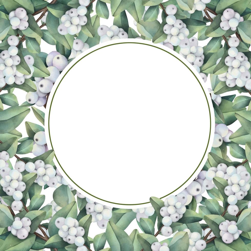 Hand drawn round frame of watercolor snowberry branches. Watercolor illustration wreath of snowberry and leaves. vector