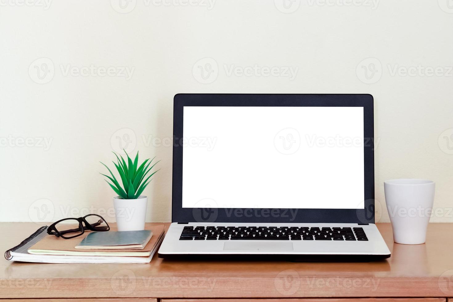 Mockup Copy Space Computer Notebook Laptop Concept , keyboards on laptop computer with balnk copy screen for your advertising content, White screen. photo