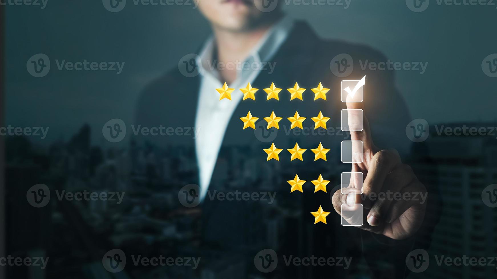 Businessmen User give rating to service experience on online application, Customer review satisfaction feedback survey concept. photo