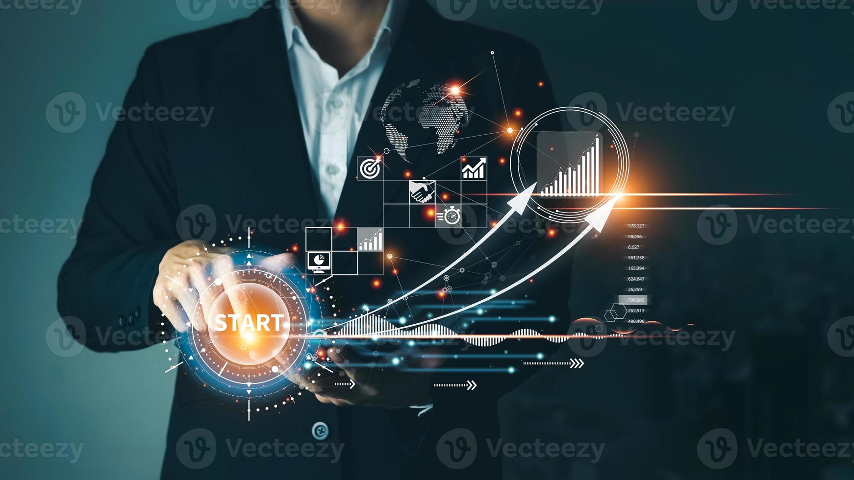 Concept of startup business to be successful, Businessman touch tablet screens, business icons and network connections on global modern interface. photo