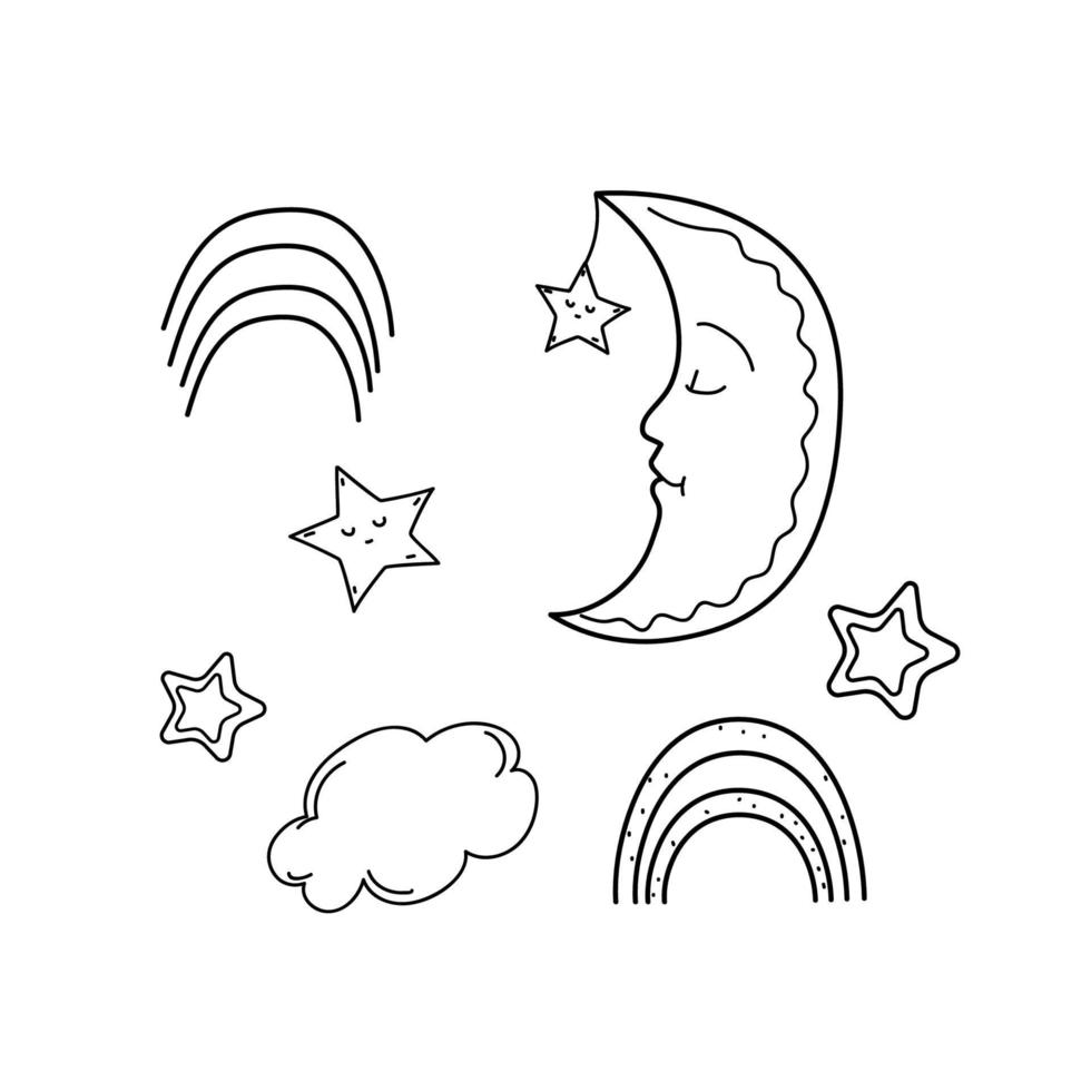 Moon, stars, clouds, rainbow. Baby theme in doodle sketch hand drawn ...