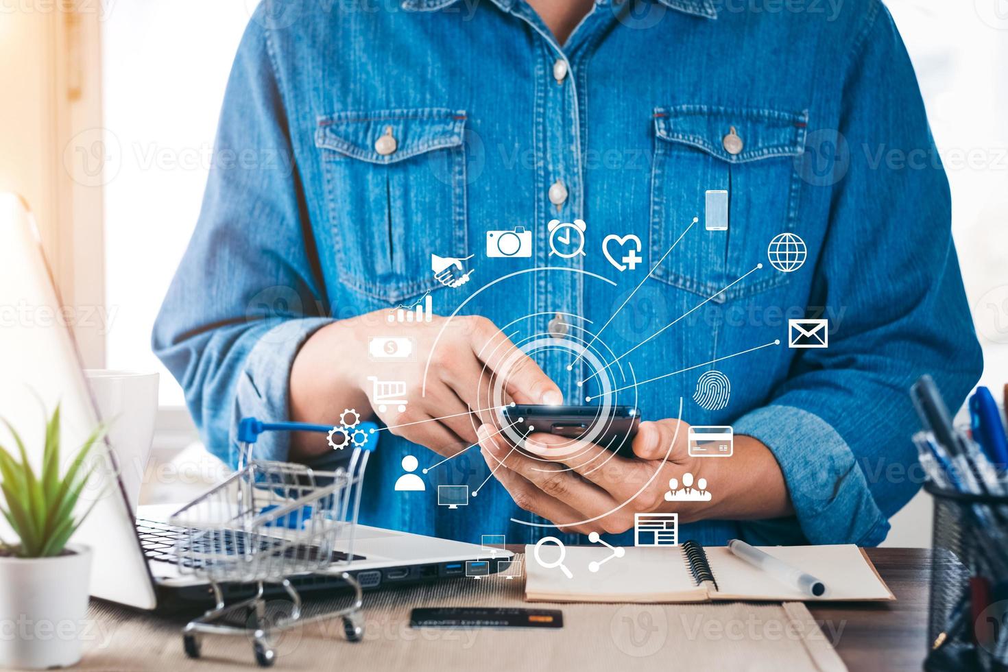 Concept of Online Shopping, Young men shop online, shop and sell in the online world. Connected all over the world. photo