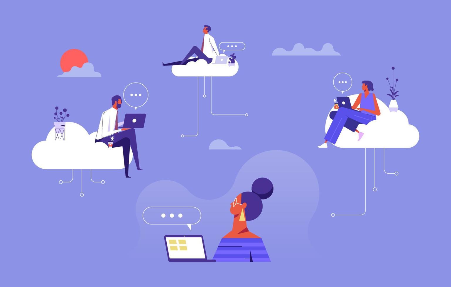 people sitting on the clouds in the sky using laptop and working on a cloud, social networking and texting using cloud storage, Cloud computing technology concept vector