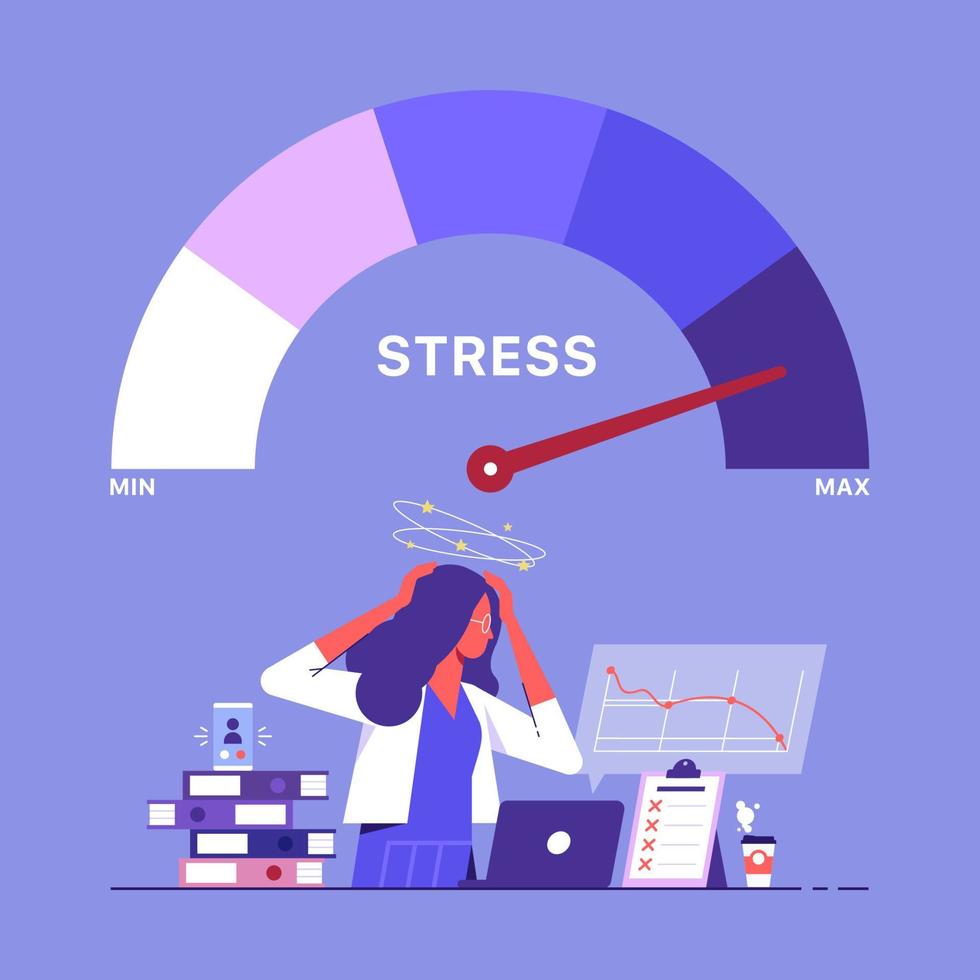 Businesswoman in stress, surrounded by work and stress factors icons, Emotional overload and burnout concept vector