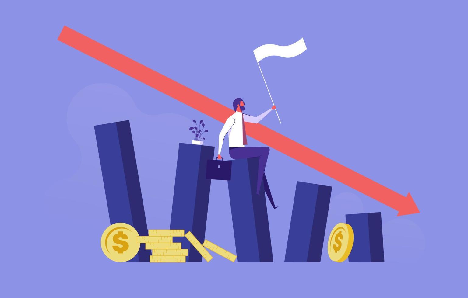 Economic recession, financial crisis or stock market crash concept, unemployed businessman investor or business owner sitting on falling down bar graph with red arrow vector