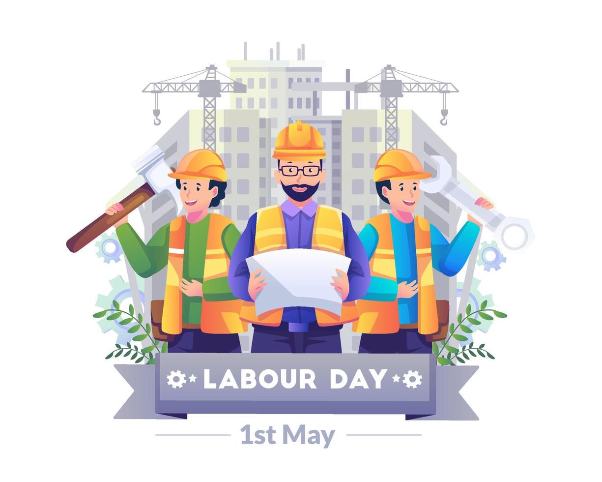Happy Labour day with three construction workers holding a sketch of a working map, hammer, and wrench. Celebrate workers day on 1st May. Flat style vector illustration