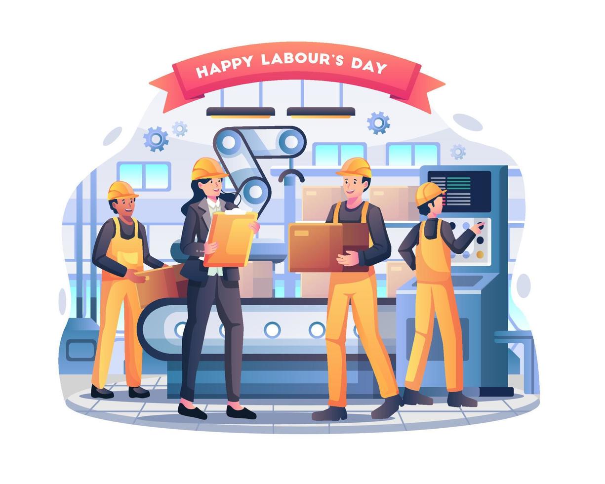 los trabajadores de la fábrica y una trabajadora instructora principal están trabajando el día del trabajo con máquinas de producción y cajas de embalaje. ilustración vectorial de estilo plano vector