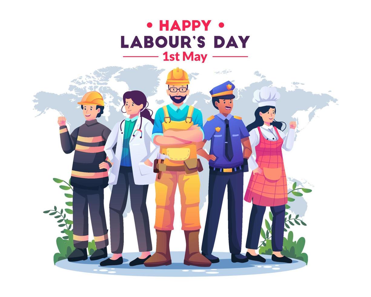 A Group of People in different Professions. Construction worker, Female Doctor, Policeman, Chef woman, Fireman standing together celebrate Labour day. Flat style vector illustration