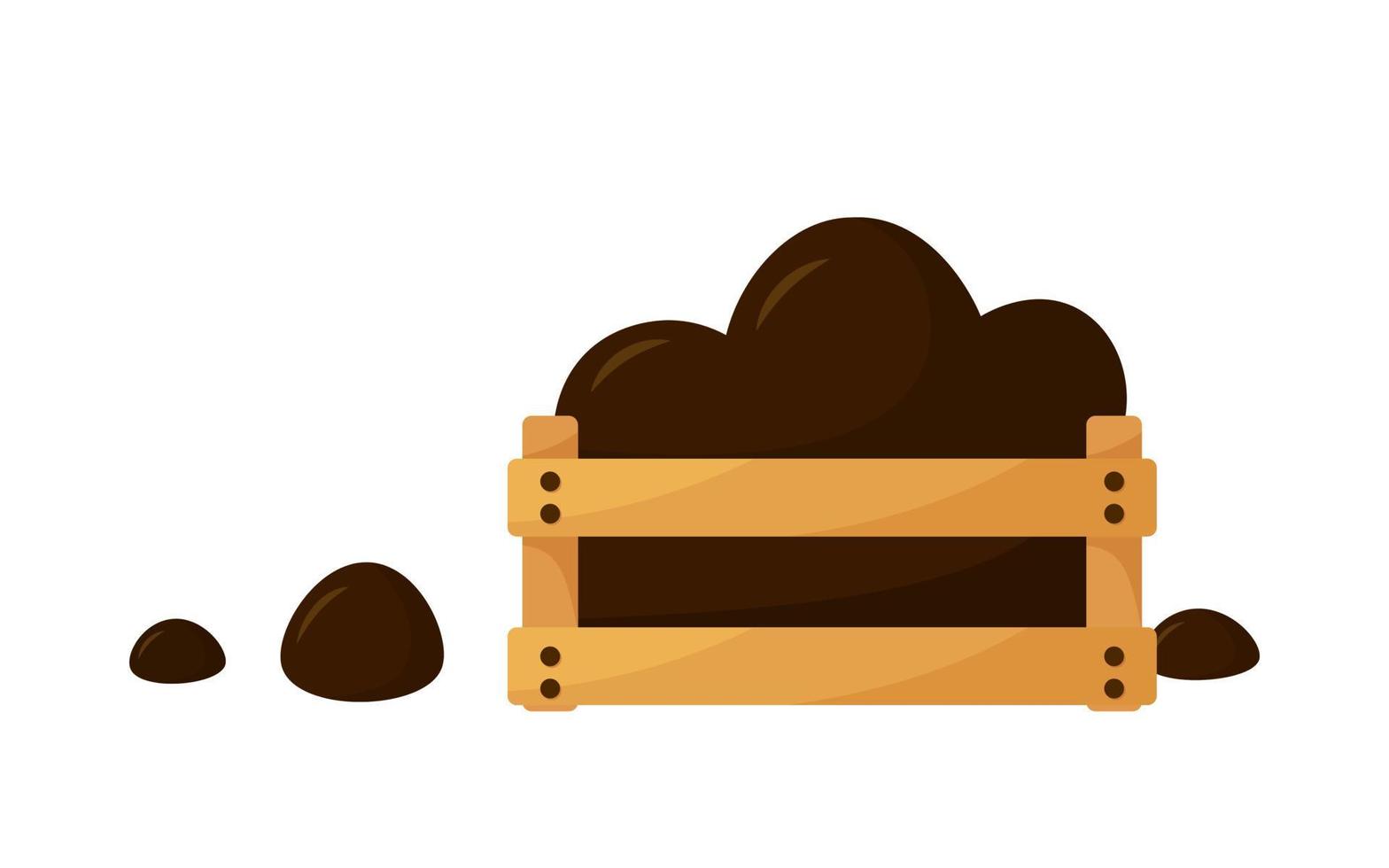 Compost pile with organic garbage in wooden box in cartoon style isolated on white background. Recycle process, gardening fertilizer concept vector illustration. Agronomy mineral soil manure dung heap