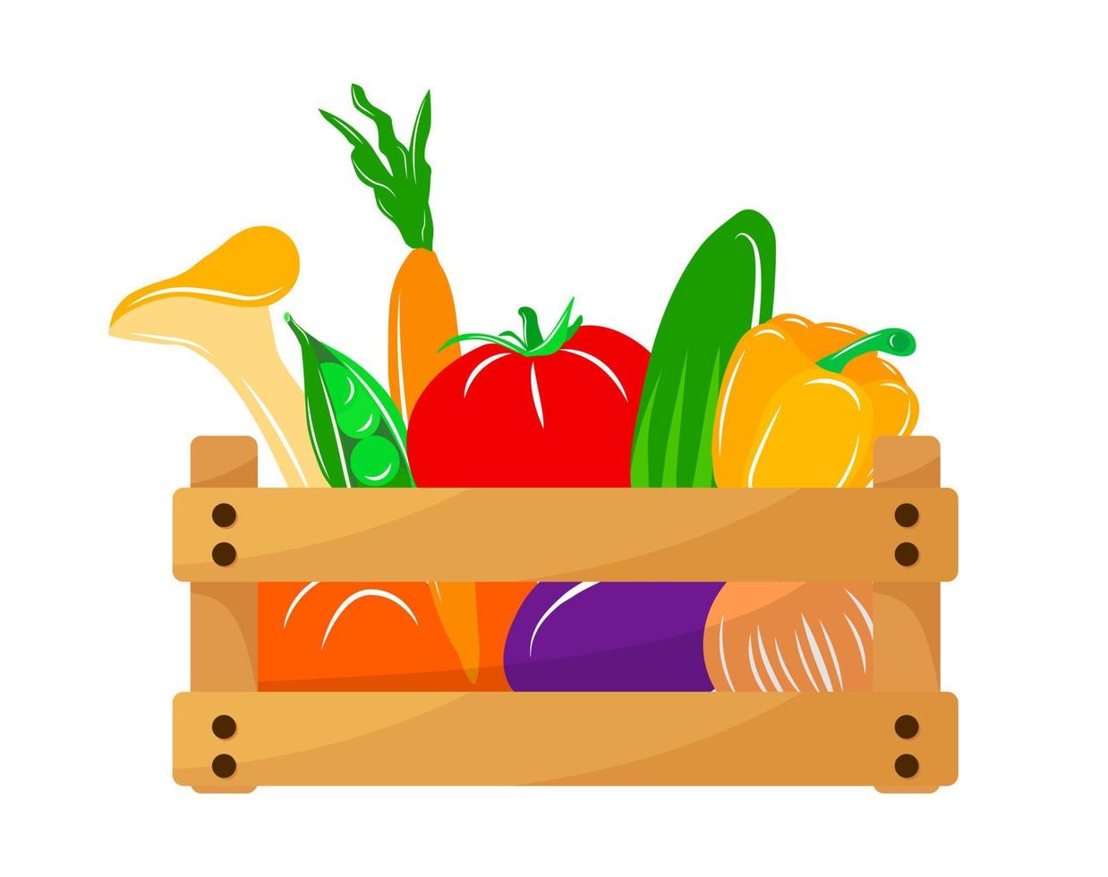 Vector box with vegetables, grocery basket with garden products. Storehouse crate. Wooden container for vegetables, products. Delivery, transportation package.