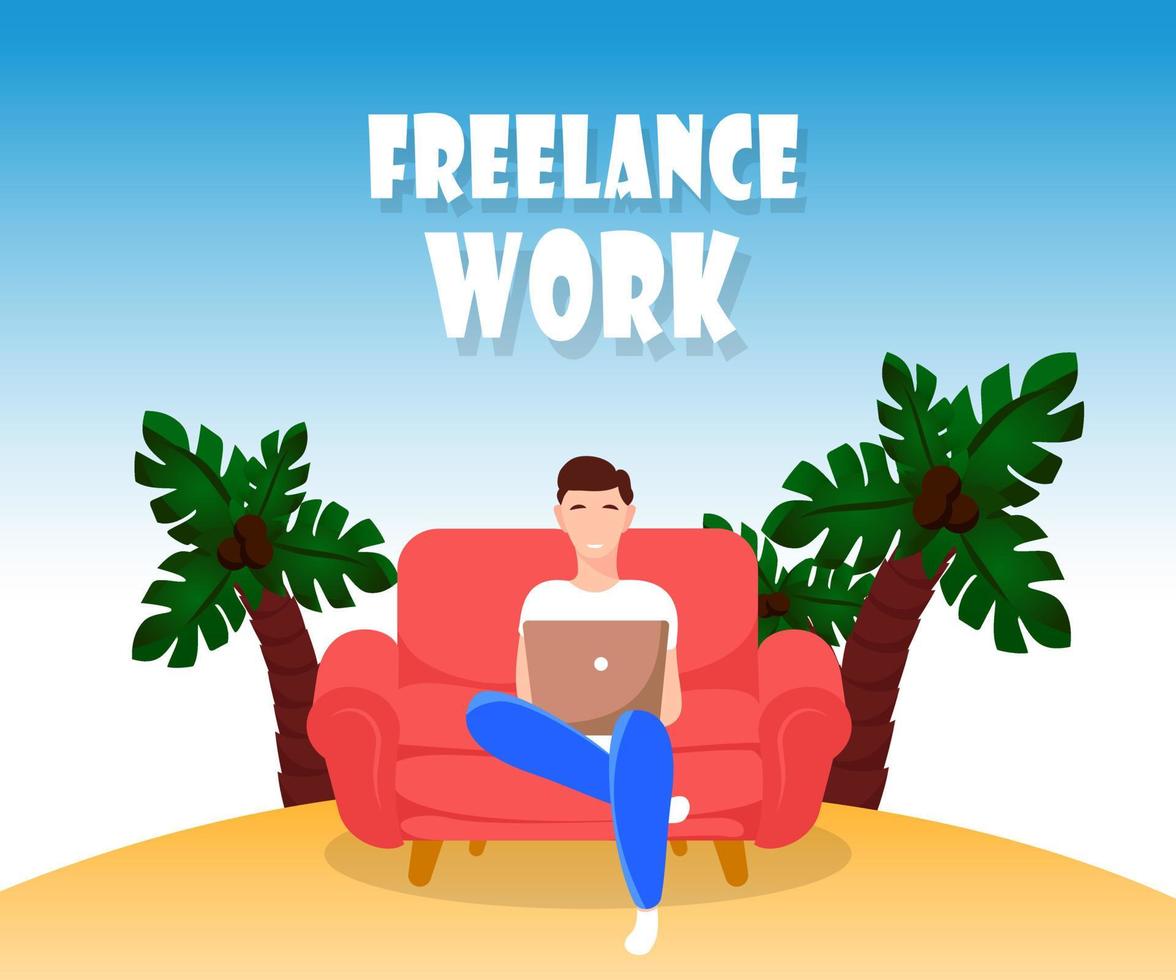 Young man sitting with laptop in sofa. Freelance, work from home concept. Vector illustration in flat style. Summer sea Island online freelancer.