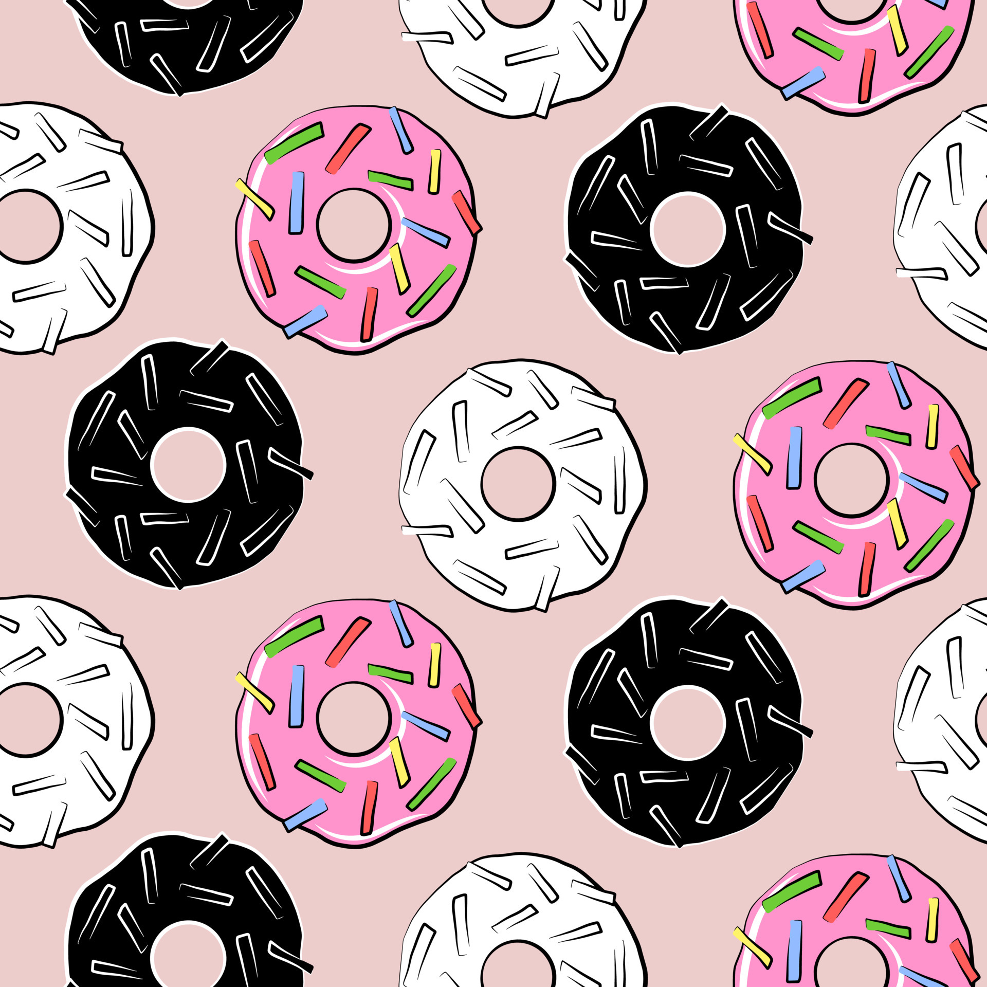 Donut sweet food vector seamless pattern, flat cartoon pink background  template, fabric print wallpaper, tasty sugar baked glazed pastry card.  Doodle simple sketch drawing icon set. 6689223 Vector Art at Vecteezy
