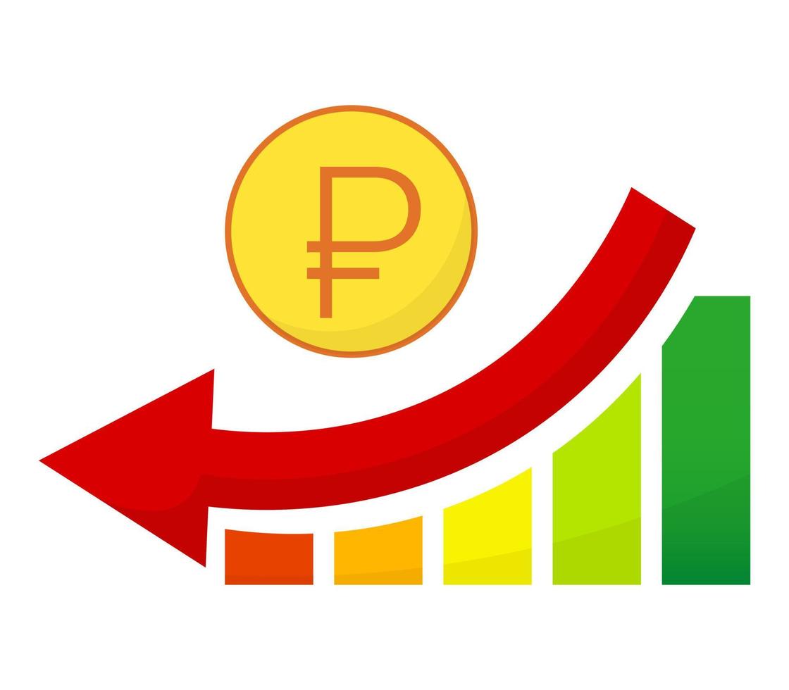 Money russian ruble falling down course, crisis infographic scale isolated icon, payment credit gold coin flat style illustration, business deposit finance bank vector concept.