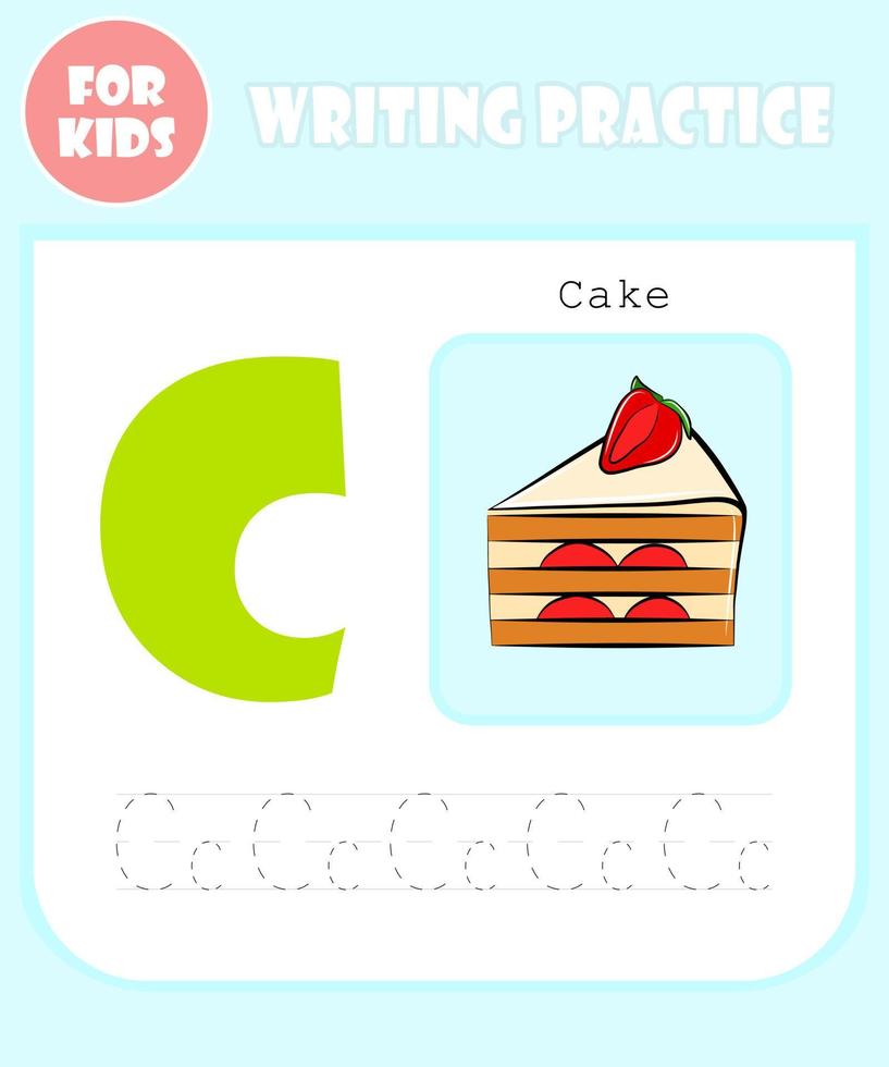 Writing practice book page, vector alphabet cartoon template, education for kids, preschool learning concept, doodle C letter typographic sign shape isolated icon, elementary school quiz for children.