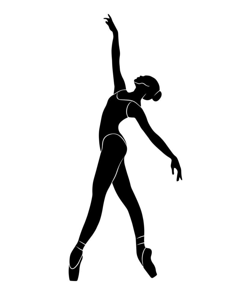 forma de cuerpo completo de bailarina de ballet, sombra vectorial aislada, decoración de icono de silueta negra simple. diseño de logotipo de signo de persona, posición deportiva gráfica, ajuste de bailarina, dibujo de mujer bella y elegante vector