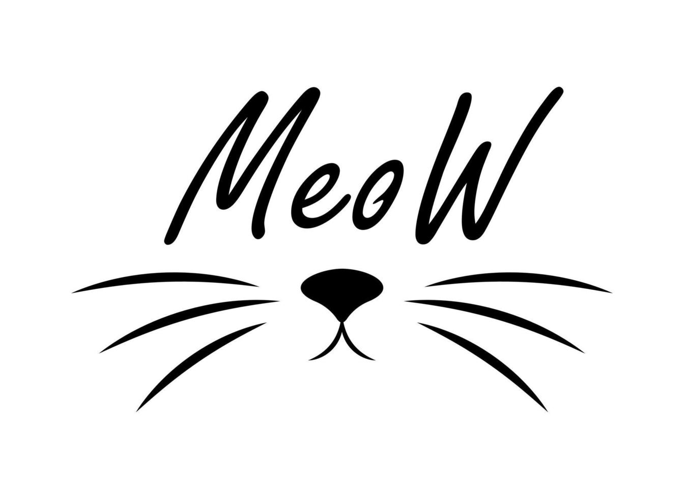 Cat meow print, simple t-shirt design template, black line art cute fun animal kitty head, nose and whisker mustache. Simple doodle graphic isolated vector illustration. Hand drawn pet poster.