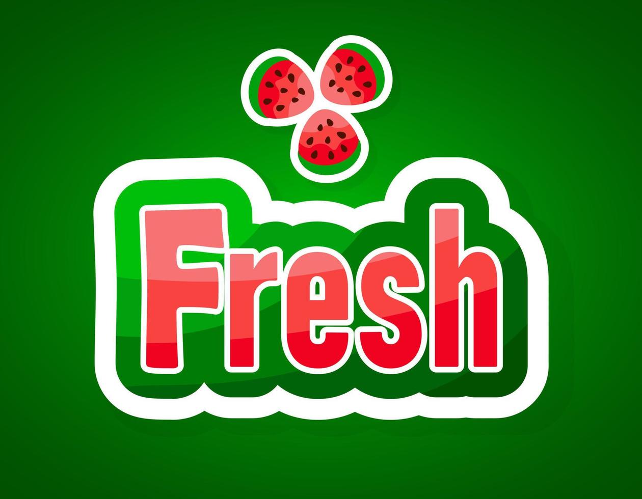 etiqueta engomada del icono del texto de la frase de dibujos animados 3d de la palabra fresca aislada en el cartel del vector del fondo blanco. plantilla de banner web de concepto de frescura de temporada de verano. Rebanada de fruta de sandía verde y roja, sabrosa comida jugosa.