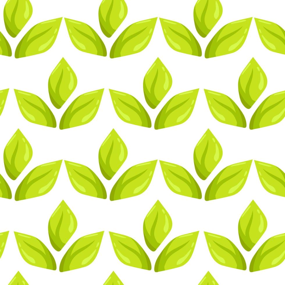 Vector seamless pattern with cartoon green leaves, flat isolated background wallpaper, doodle nature tea tree leaf, wrapping paper drawing. Colorful plant illustration, botanical textile print.