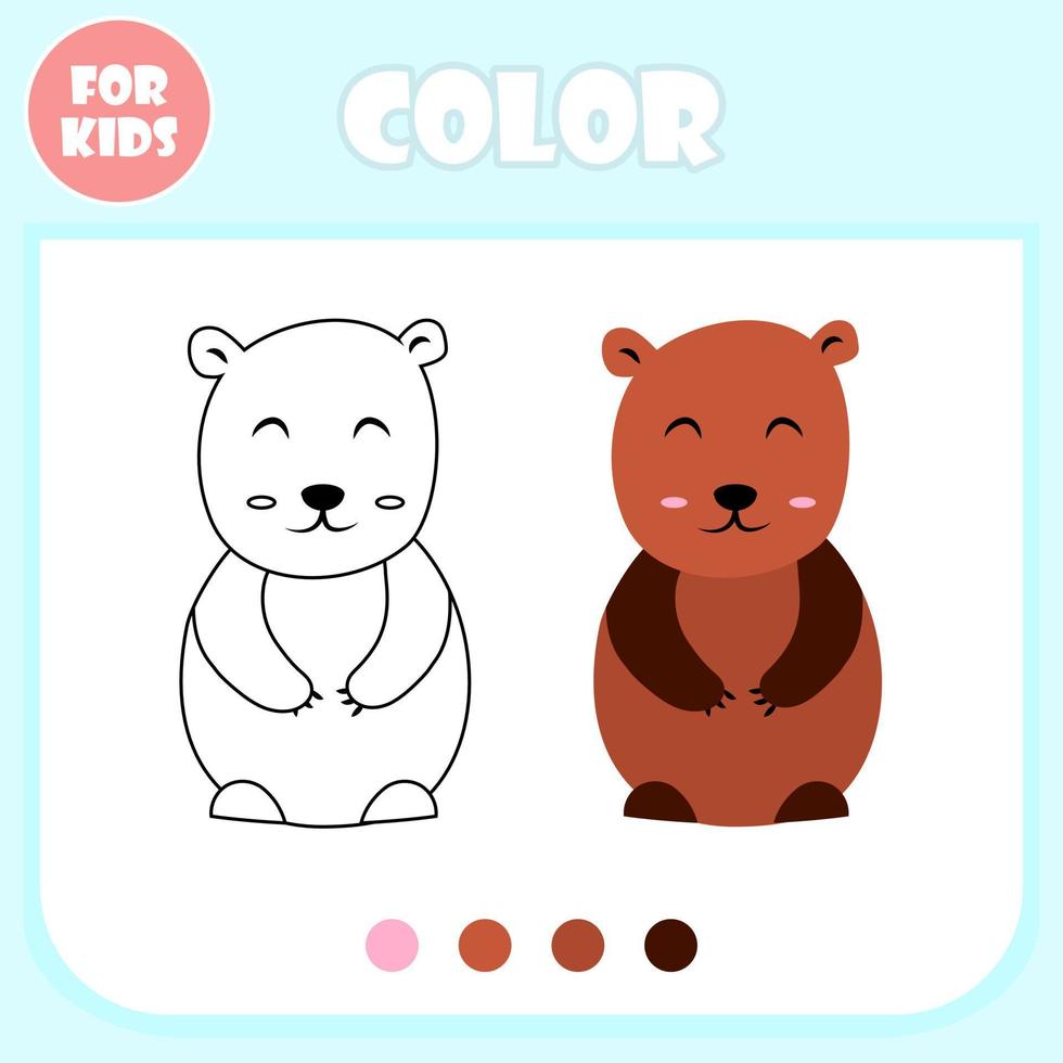 Colouring book page vector cartoon template, educational zoo game for kids, preschool learning concept, doodle bear cute animal shape isolated icon, elementary colour drawing game for children.