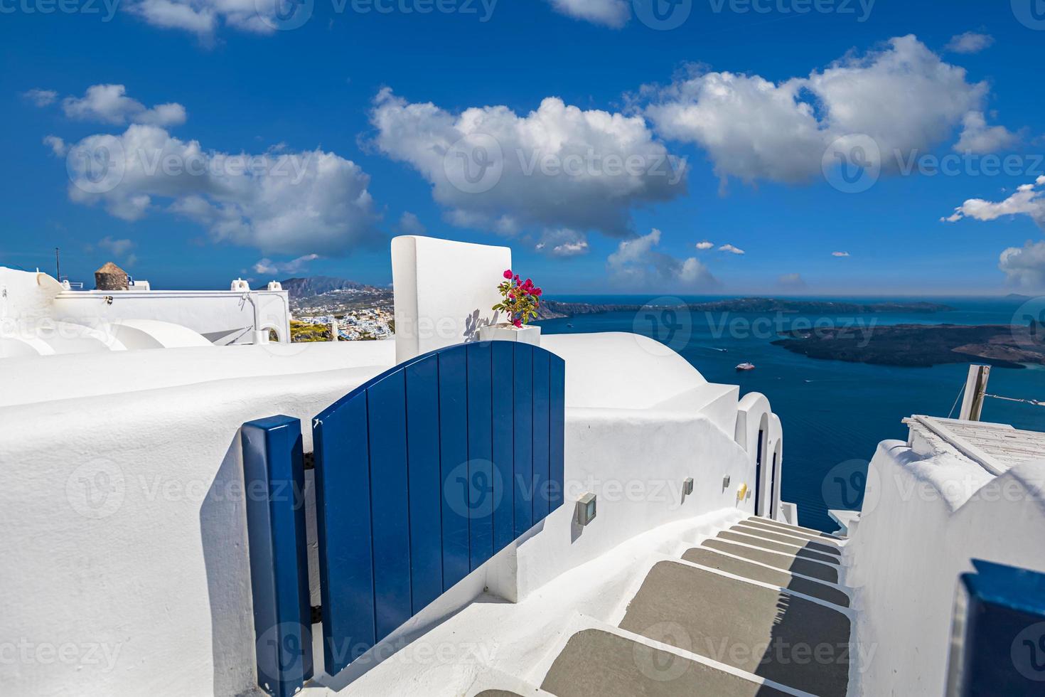 Relaxing romantic view white architecture Santorini Greece, caldera view over blue sea volcano island. Summer landscape for travelling vacation template. Luxury resort hotel, famous travel destination photo