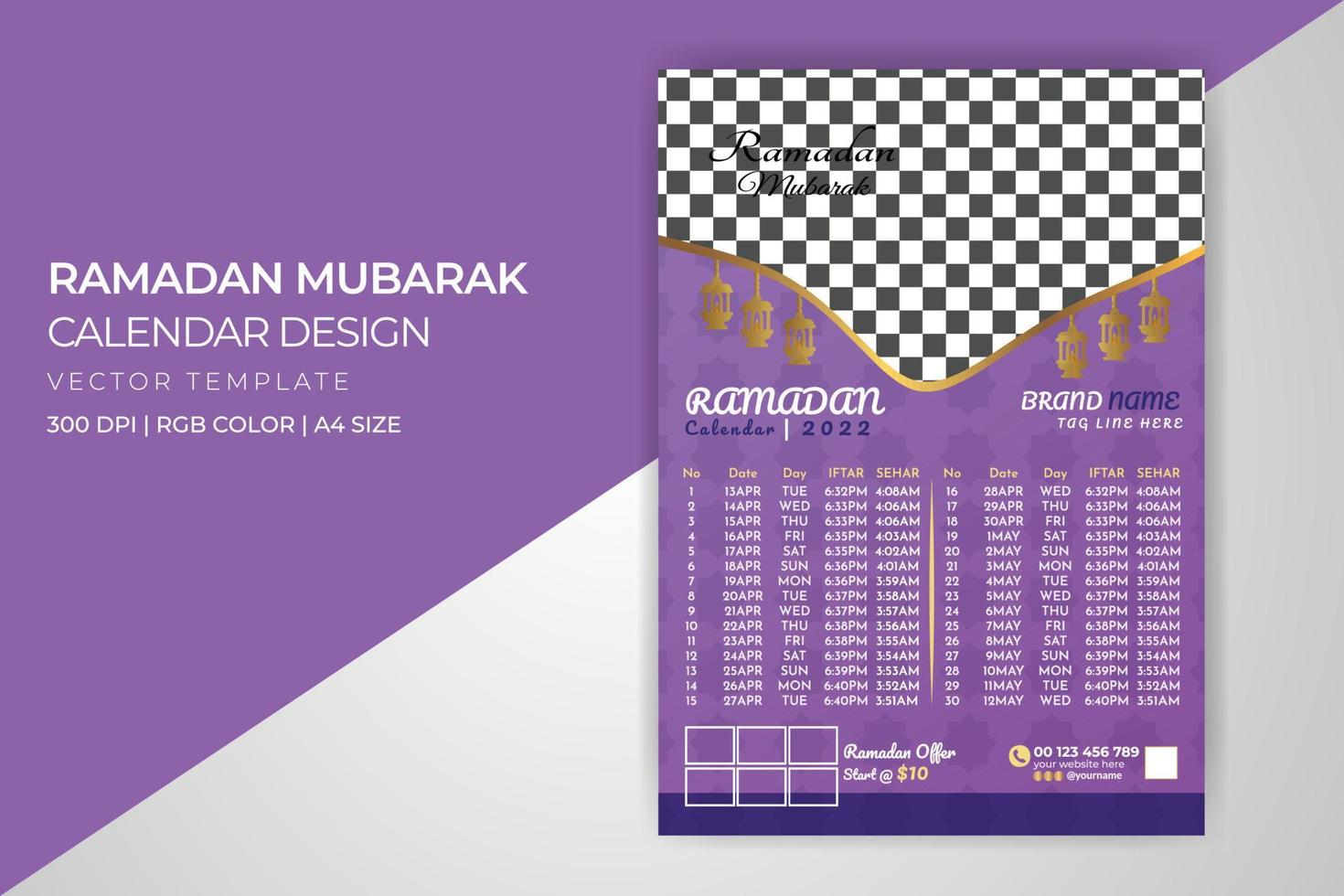 descarga gratuita de la plantilla de volante islámico ramadan one page calendar 2022 vector