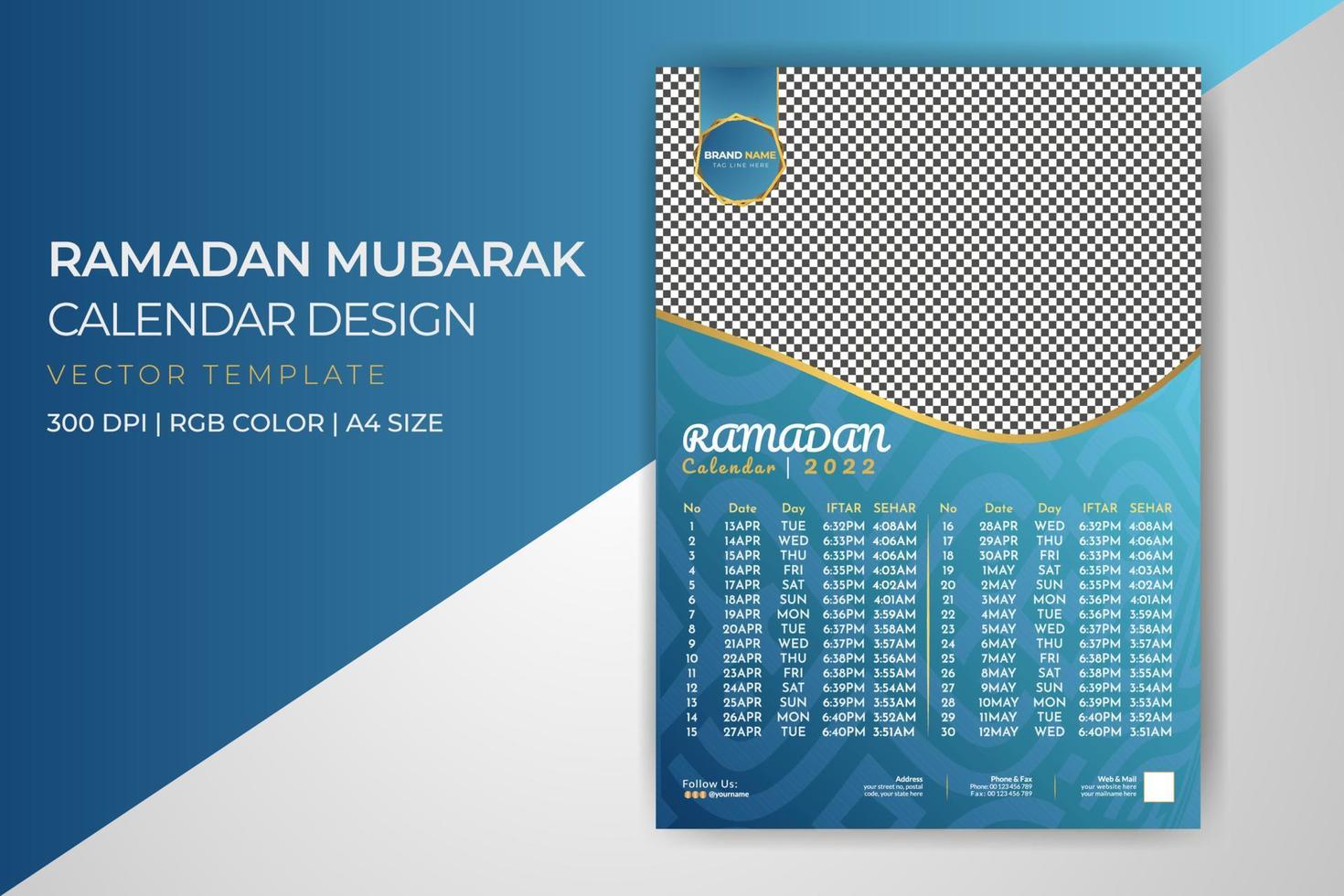 descarga gratuita de la plantilla de volante islámico ramadan one page calendar 2022 vector