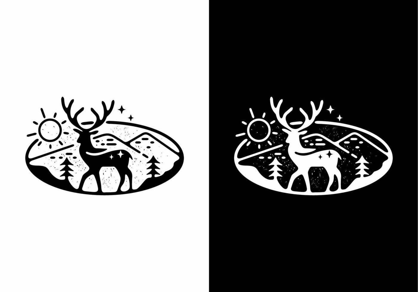 Deer in nature line art illustration black and white vector