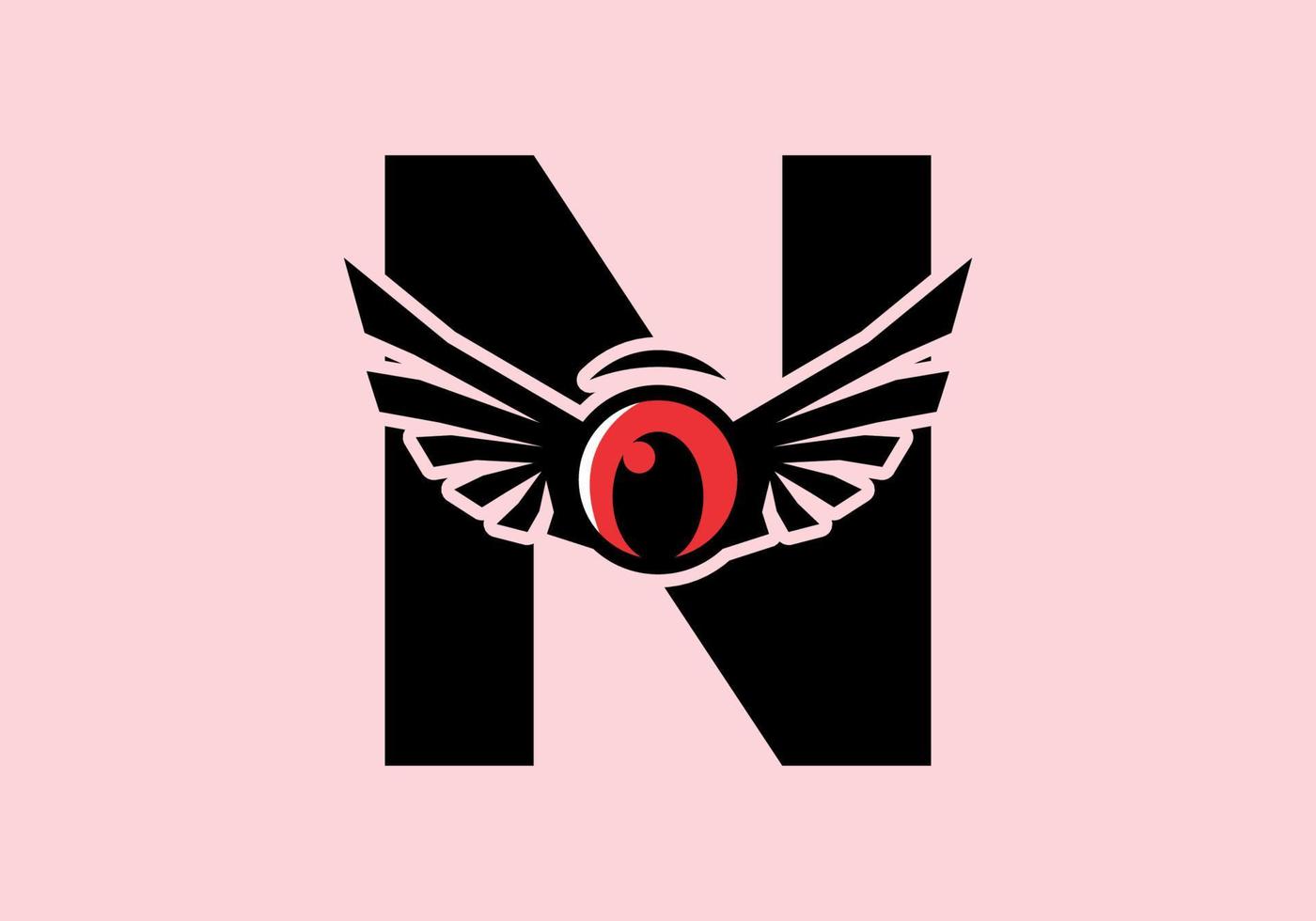 N initial letter with red eye wings vector