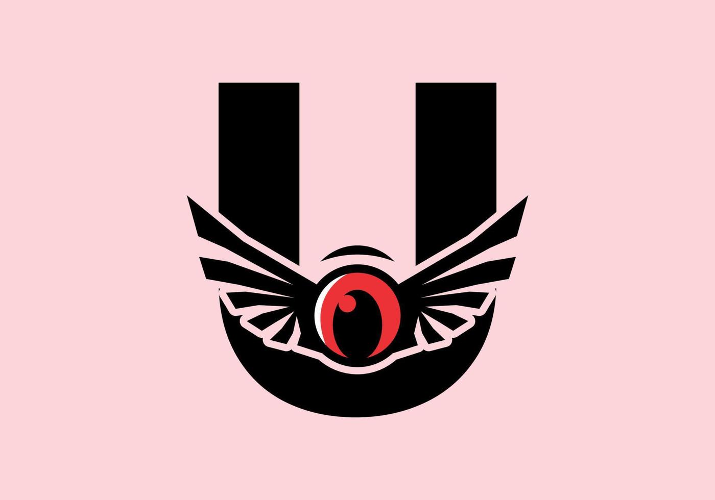 U initial letter with red eye wings vector