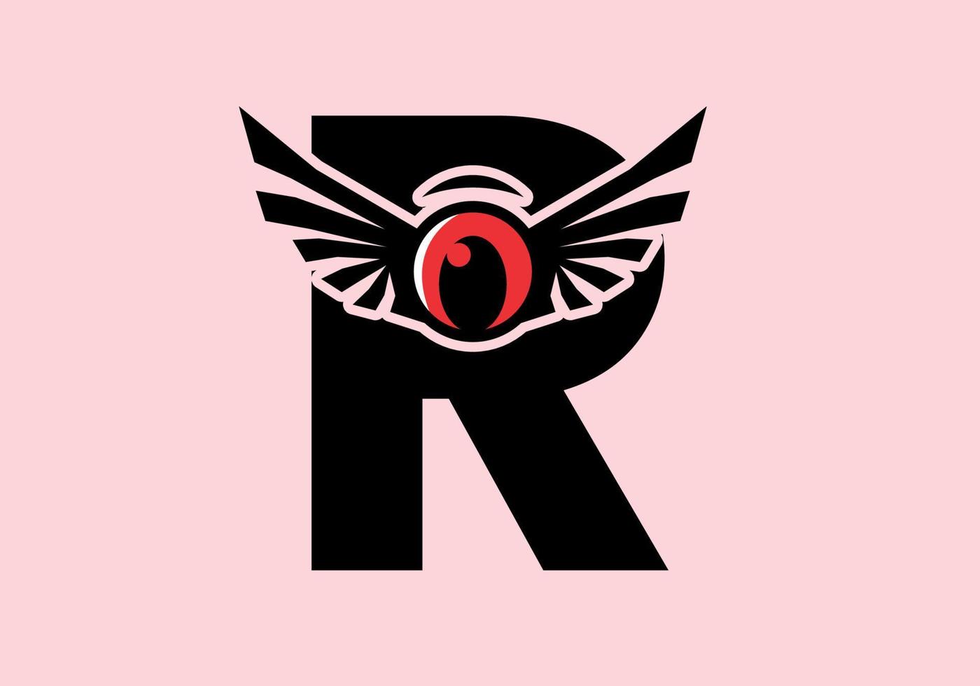 R initial letter with red eye wings vector