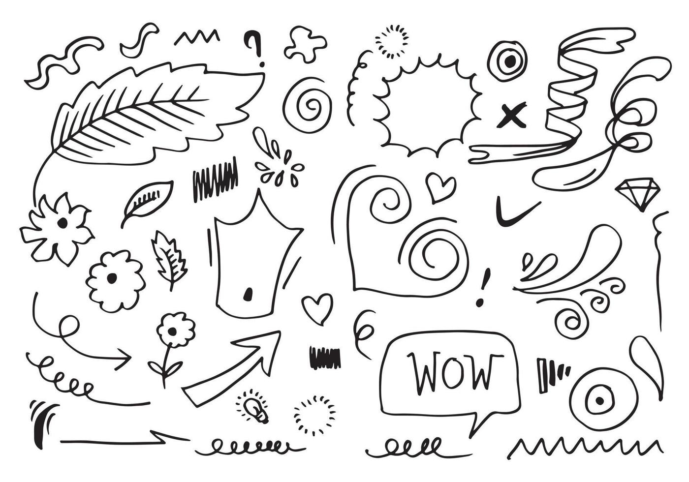 Hand drawn set elements, black on white background. Arrow, heart, love, star, leaf, sun, light, flower, crown ,Swishes, swoops, emphasis ,swirl, heart, for concept design. vector