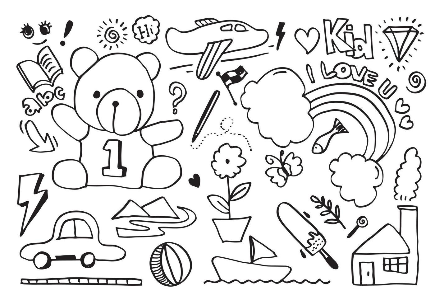 hand-drawn kids doodle set on white background. vector