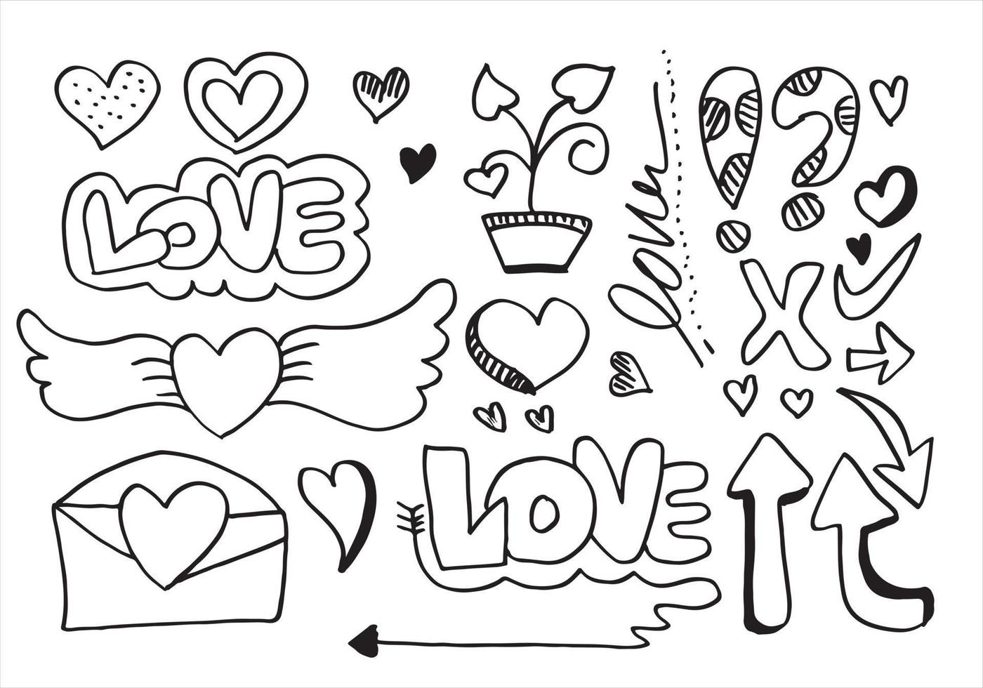 Hand drawn set elements, black on white background. Arrow, heart, love, exlamation for concept design. vector