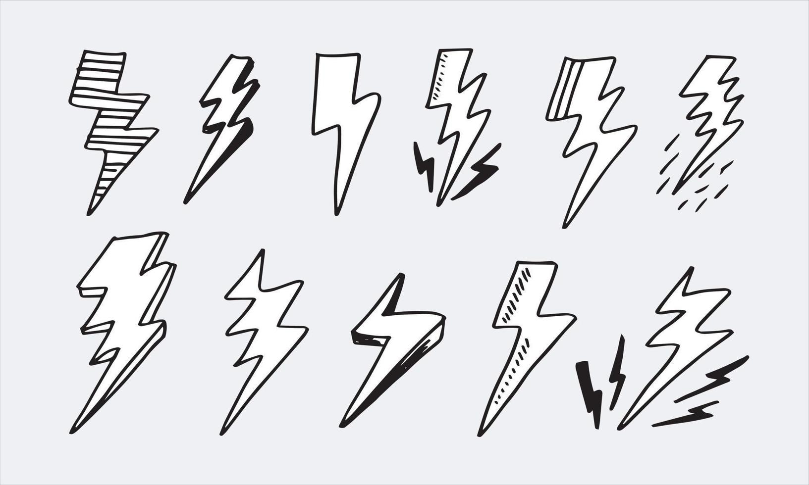 set of hand drawn vector doodle electric lightning bolt symbol sketch illustrations. thunder symbol doodle icon .