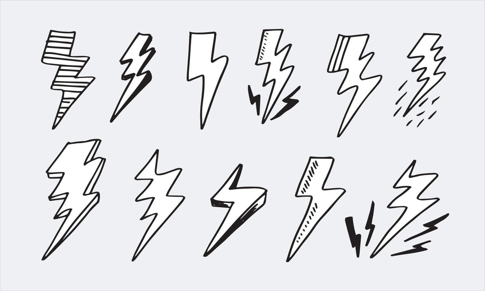 conjunto de ilustraciones de esbozo de símbolo de relámpago eléctrico de garabato vectorial dibujado a mano. icono de garabato de símbolo de trueno. vector