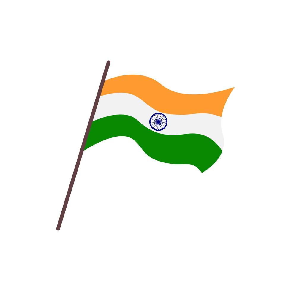 Waving flag of Republic of India. Isolated indian tricolor flag with emblem on white background. Vector flat illustration