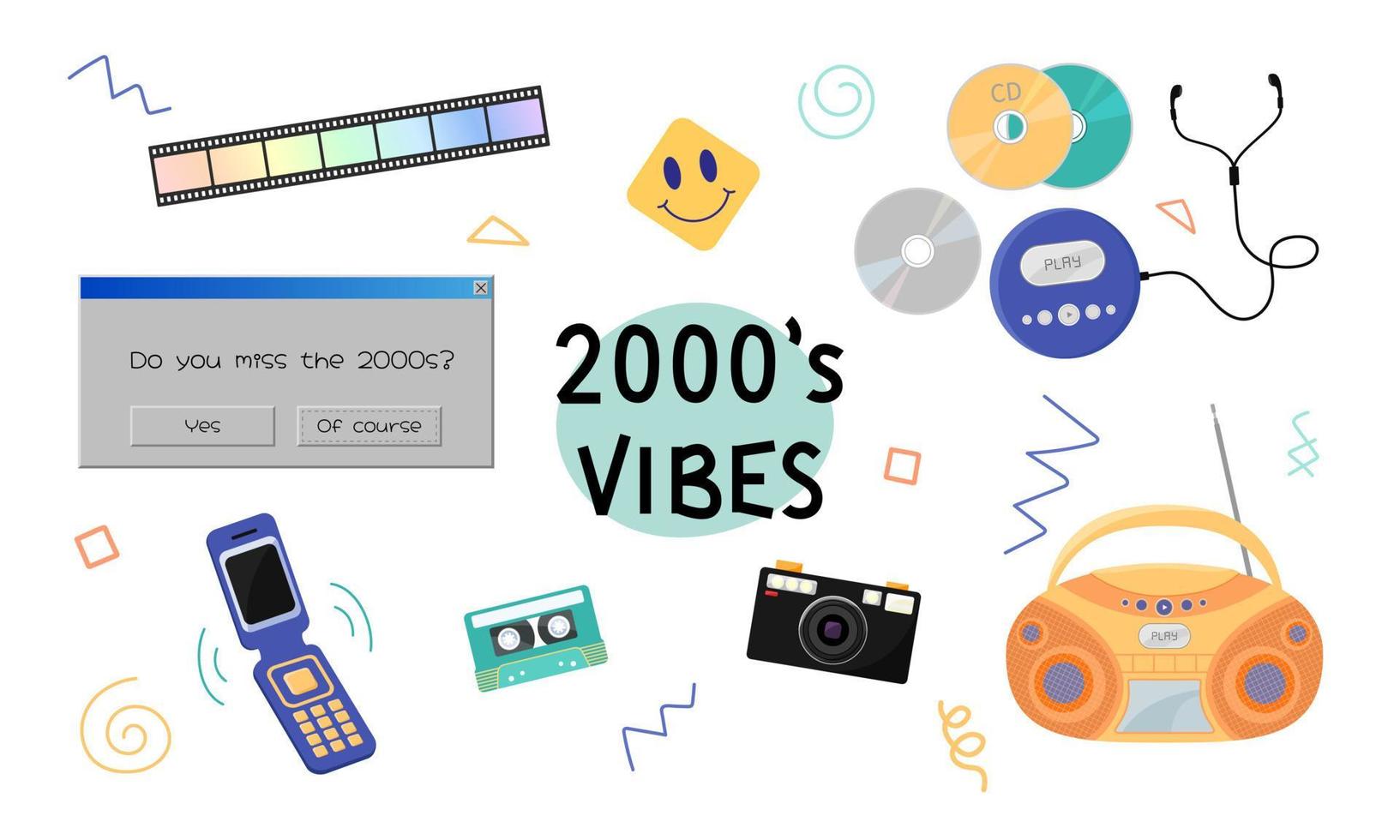 2000s vibes set. Retro devices, technic, things, entertainment and music equipment isolated on white background. Back to 00s vector flat illustration. Trendy 2000s y2k elements collection