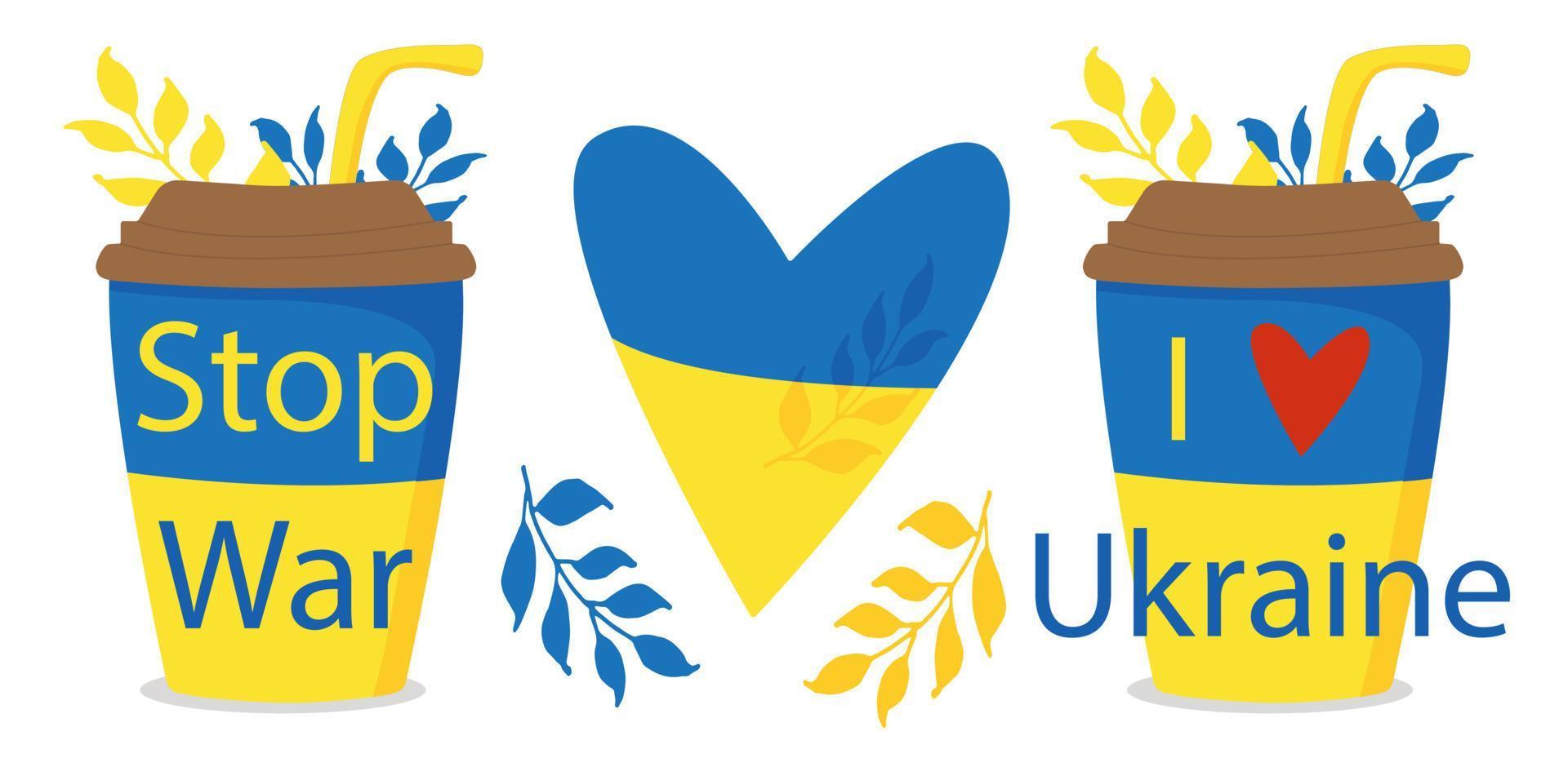 Flag of Ukraine, concept in support of Stop the War. Patriotic set of coffee in paper cups. Symbols of Ukraine. Vector illustration isolated.