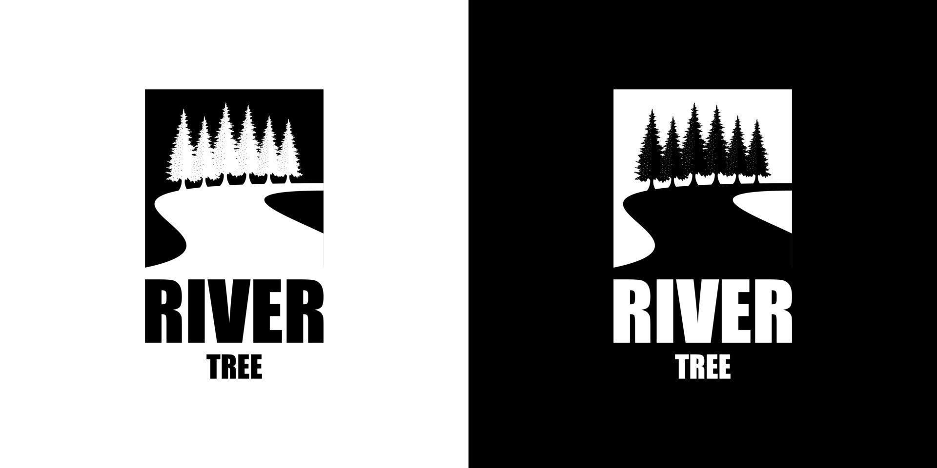 pine tree and river or creek evergreen timberland logo design vector