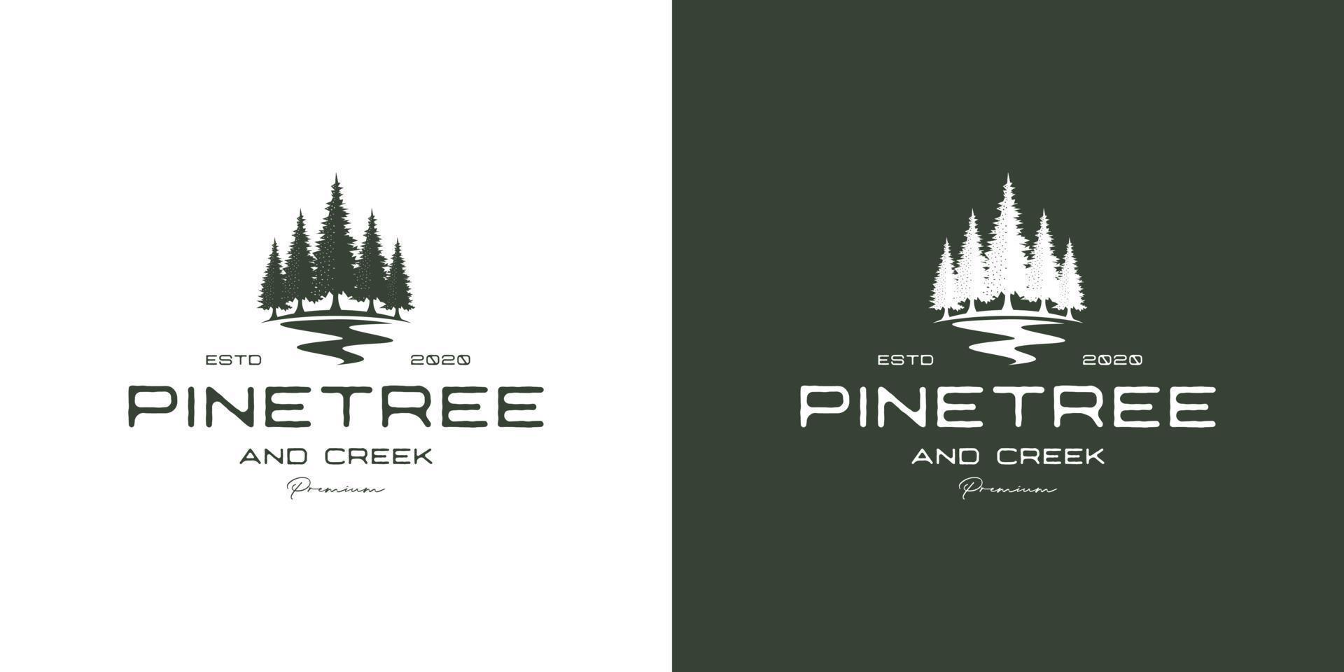vintage retro hipster pine tree and river or creek evergreen timberland logo design vector