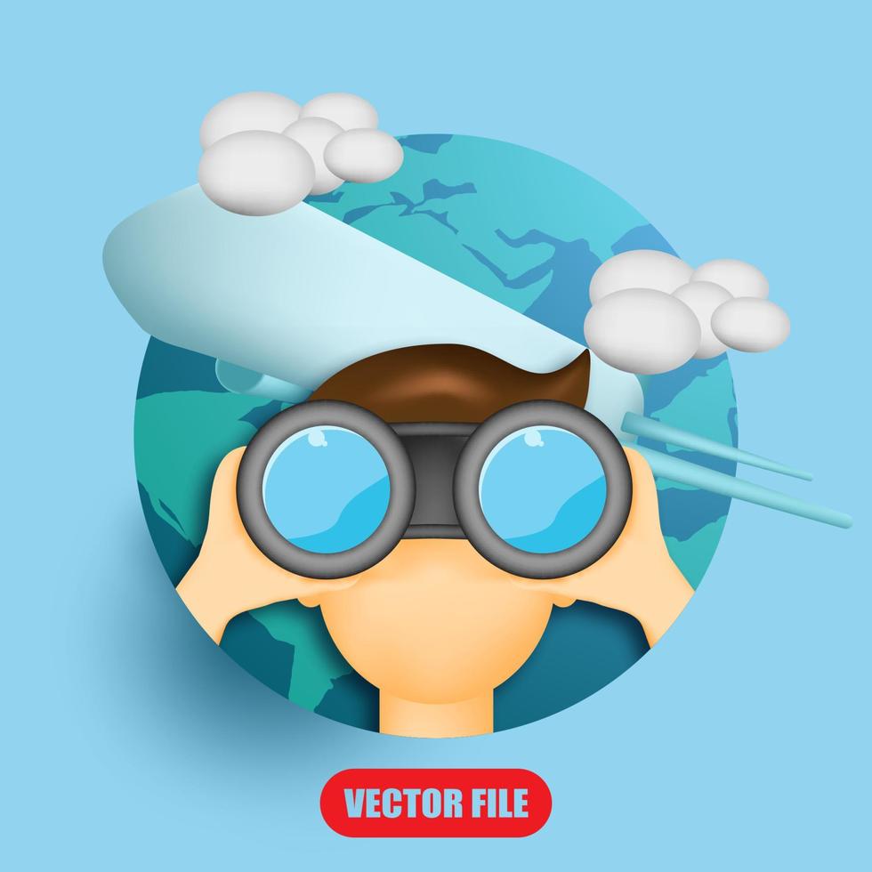 travel concept with people using binoculars, globes, planes and clouds vector 3D