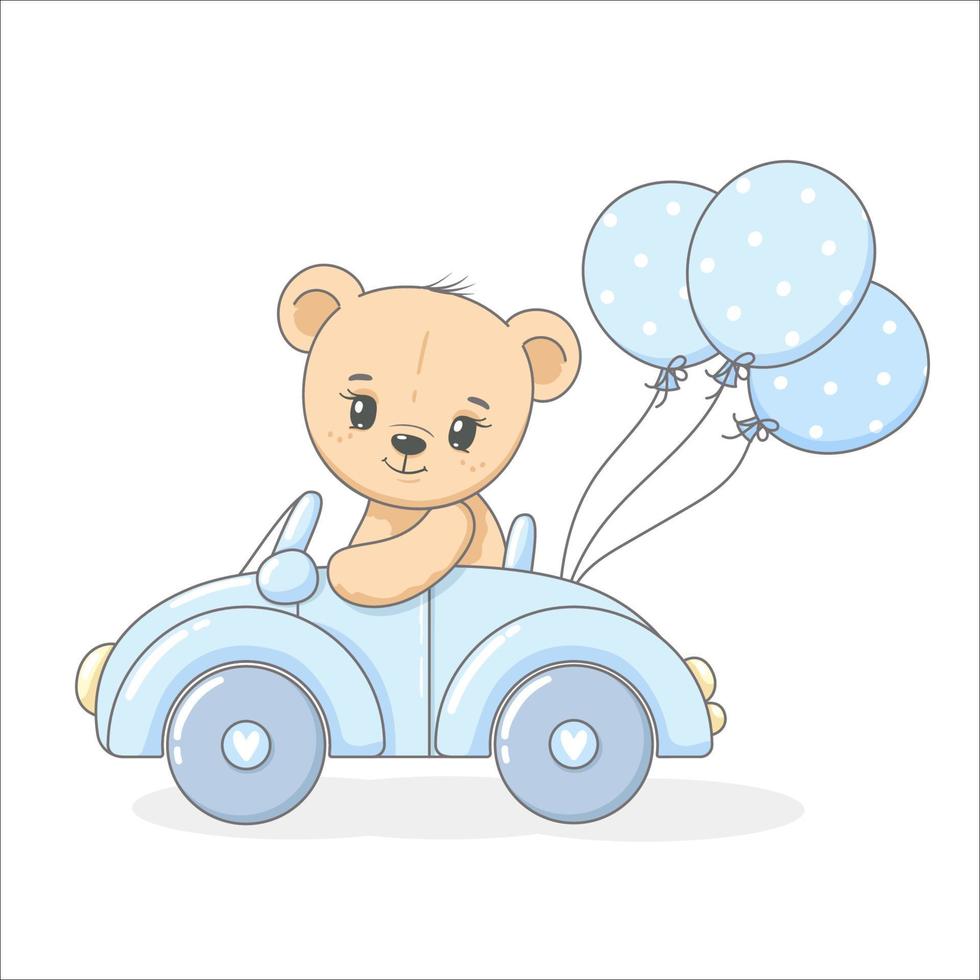 Cute teddy bear on a car with balloons. Vector illustration of a cartoon.