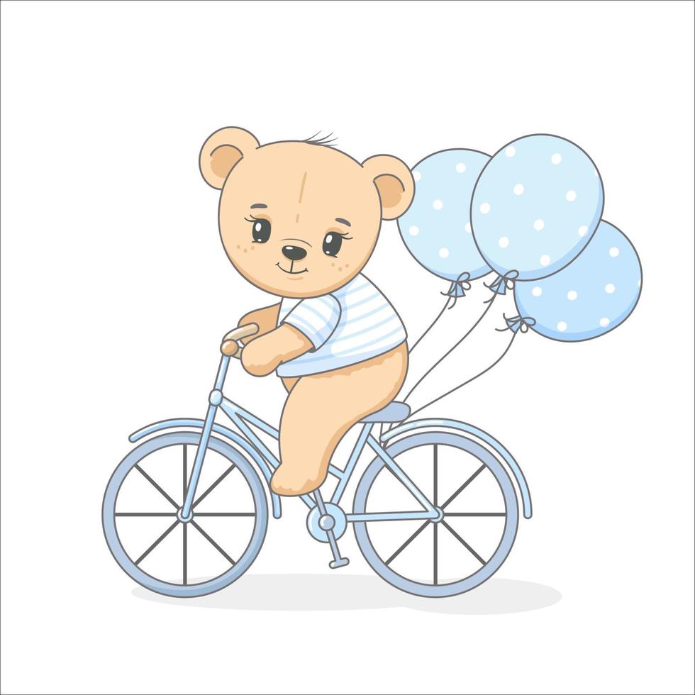 Cute teddy bear on a bicycle with balloons. Vector illustration of a cartoon.