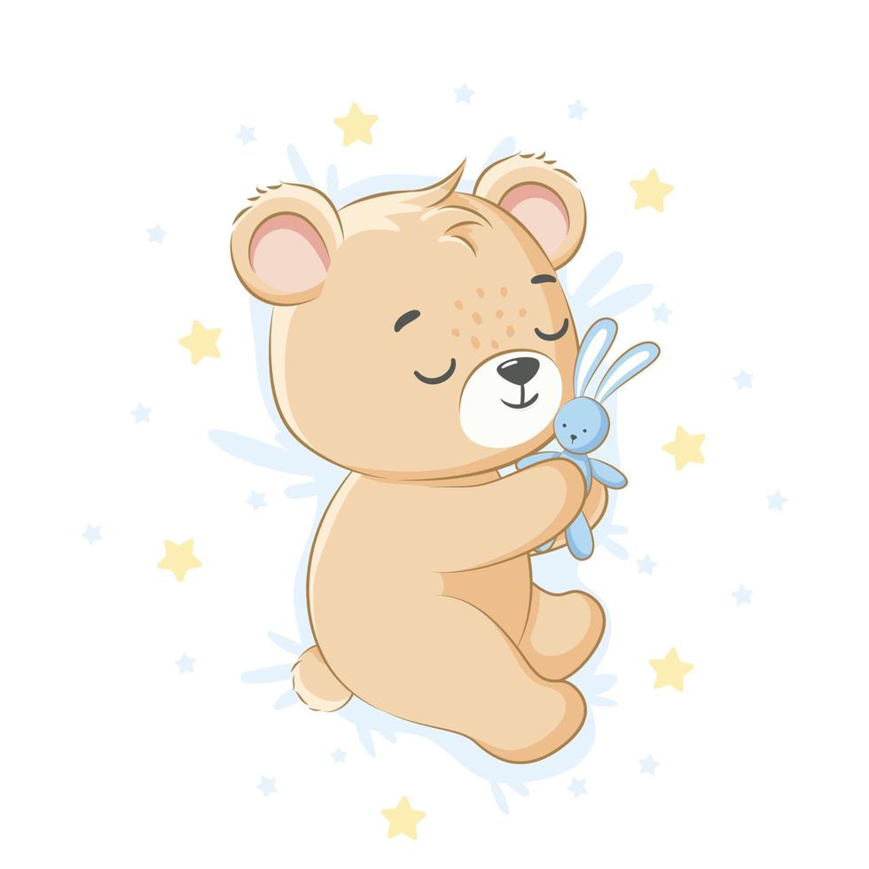 A cute teddy bear is sleeping sweetly hugging a bunny toy. For a boy. Vector illustration of a cartoon.
