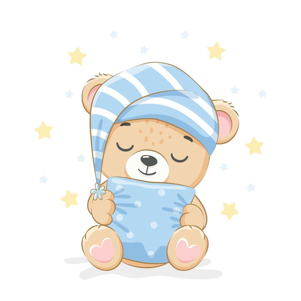 lindo oso de peluche está durmiendo dulcemente. para un chico ilustración vectorial de una caricatura. vector