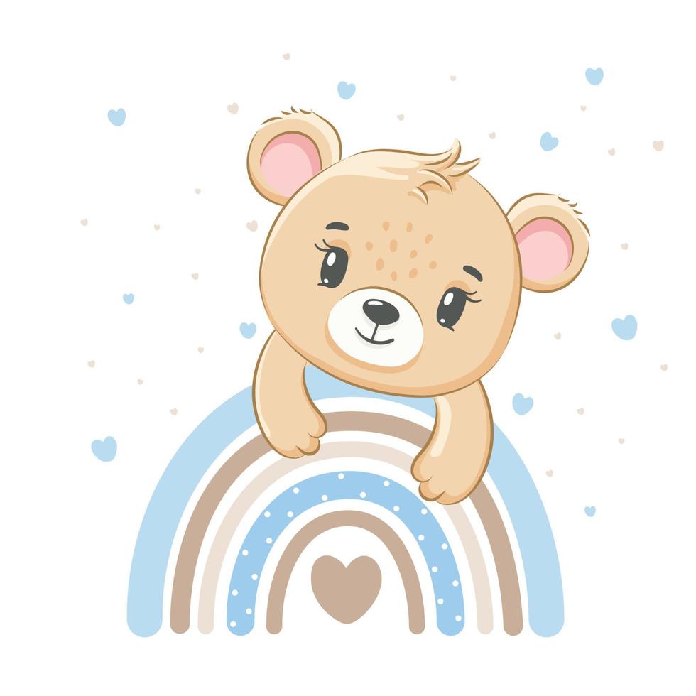 Cute teddy bear on a rainbow. Vector illustration of a cartoon.