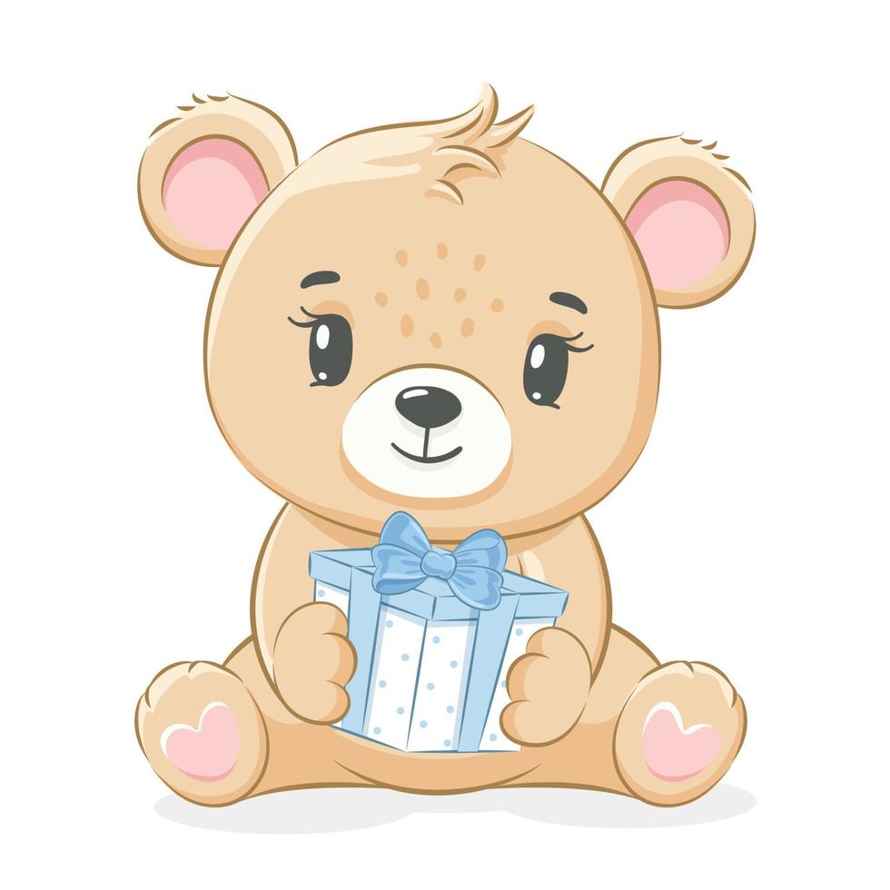 A cute teddy bear is sitting and holding a gift. Vector illustration of a cartoon.